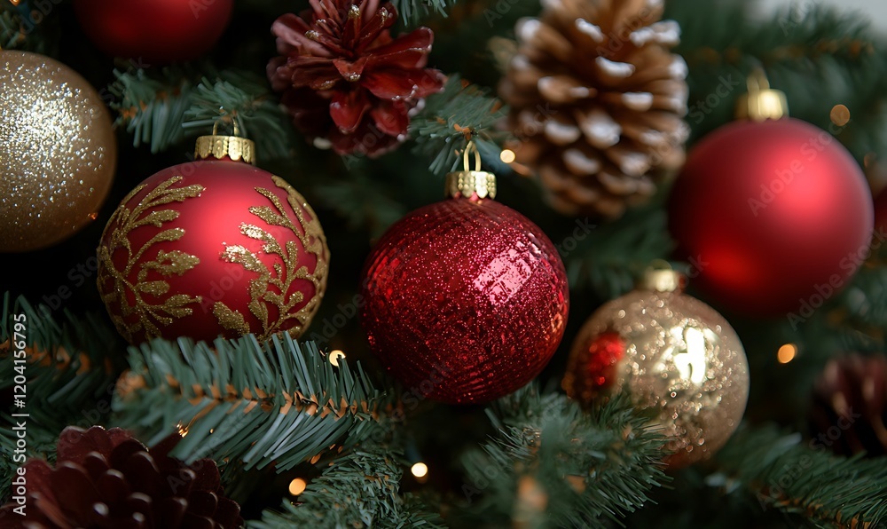 Close-up of red and gold Christmas ornaments on a decorated tree with pine cones. Close-up of red and gold Christmas ornaments on a decorated tree with pine cones.