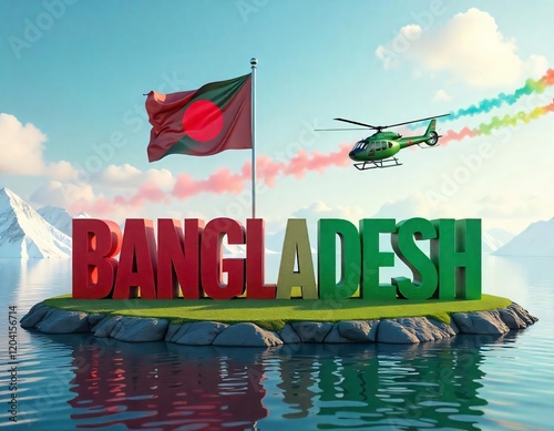 Bangladesh flag waving beside large lettersBANGLADESH