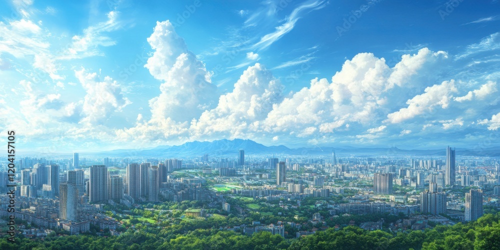 Naklejka premium Panoramic cityscape with lush greens and sky