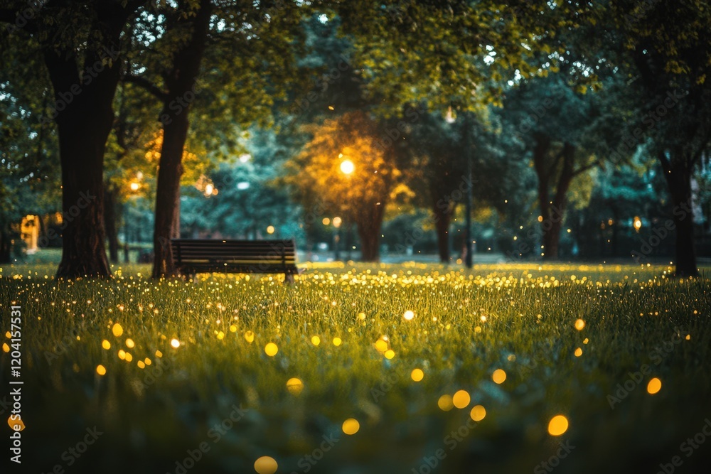 Obraz premium Serene Park Bench Firefly Glow Enchanting Evening Scene