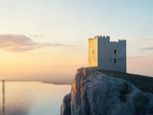 Sunlit Castle Tower on Cliff Overlooking Serene Ocean at Sunset photo