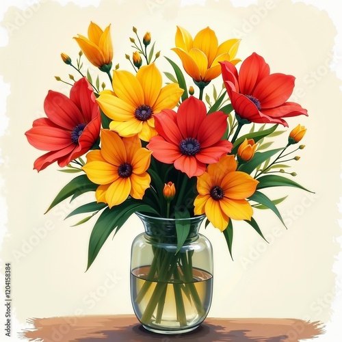 Glass Jar with Water Holding Yellow and Red Flowers on Brown Surface Against Beige Background