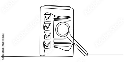 continuous line drawing clipboard with magnifying glass. Concept of Business analysis in simple outline style. Transparent background illustration, Auditing Line icon, Sketch Design, Pixel perfect, 
