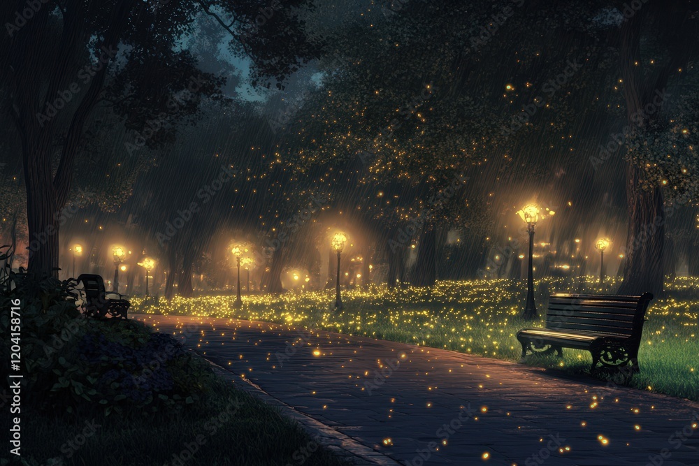 Obraz premium Rainy Night Park Path Illuminated By Fireflies And Lamps