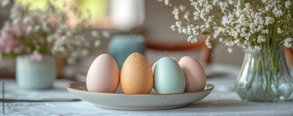 Fototapeta premium Pastel easter eggs with floral decor on table in soft natural light