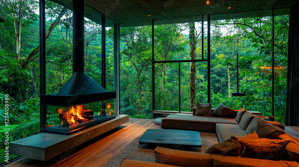 Luxury living room with panoramic glass walls, fireplace, and lush rainforest view creating a cozy atmosphere. Luxury living room with panoramic glass walls, fireplace, and lush rainforest view creating a cozy atmosphere.
