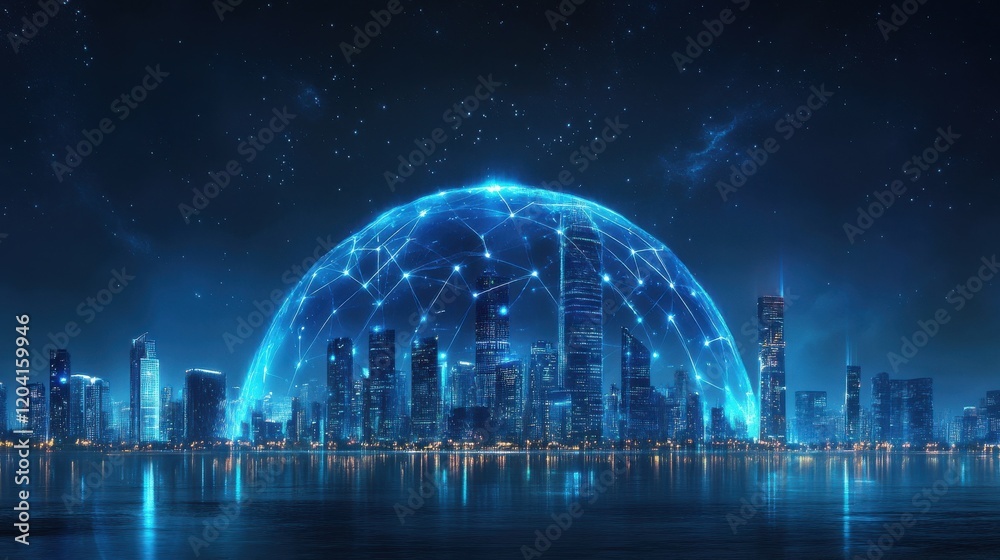 Obraz premium Information and communication technologies network and smart city concept with night skyscrapers landscape under glowing digital dome from illuminated lines