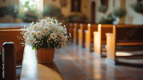 Sunlit church interior with white flower arrangement in wicker basket on wooden pew