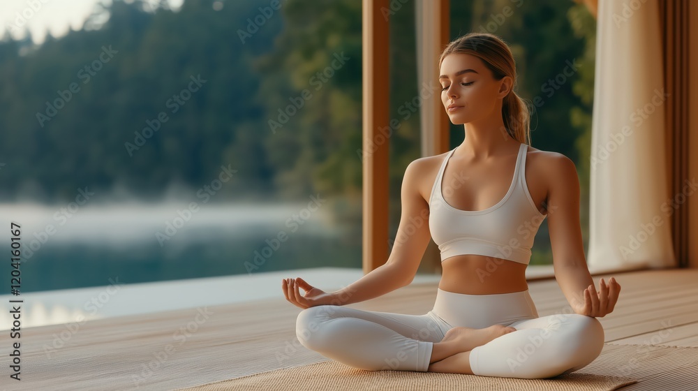 Serene woman meditating on a wooden deck overlooking a calm lake at sunrise Serene woman meditating on a wooden deck overlooking a calm lake at sunrise