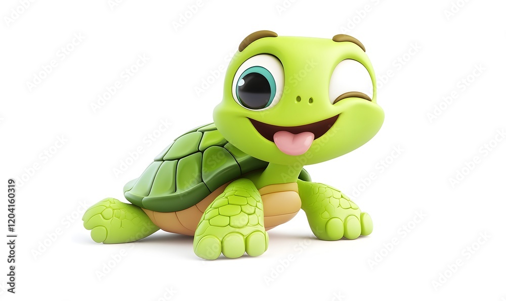 Fototapeta premium Playful 3D cartoon turtle winking and sticking out tongue.