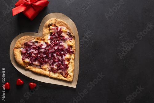 Wallpaper Mural Food for Valentine's Day. Heart shaped sweet pizza with pineapple on black background. View from above. Copy space. Romantic dinner. Torontodigital.ca