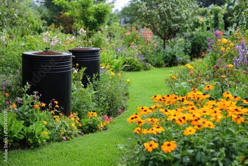A lush garden with various water conservation techniques such as rain barrels, drip irrigation, and mulching displayed. The garden is vibrant with greenery and flowers.