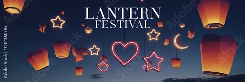 A creative minimalist lantern festival poster design with a neon theme. The background is a dark blue sky with a few clouds. There are floating lanterns in various shapes and sizes photo