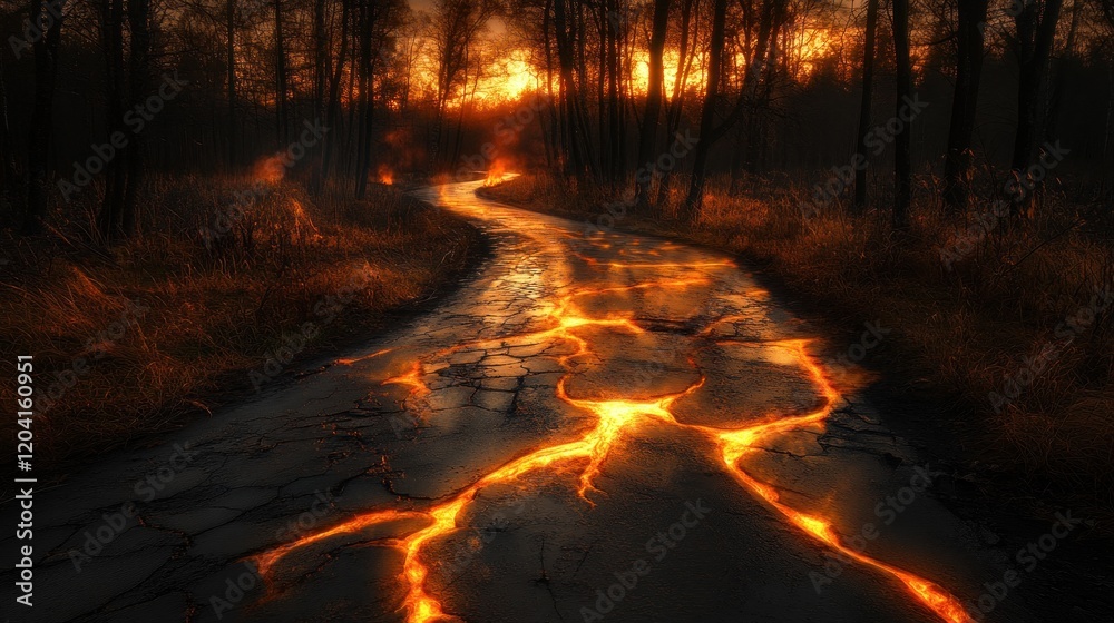 Fiery river of lava flows through dark forest at sunset. Fiery river of lava flows through dark forest at sunset.