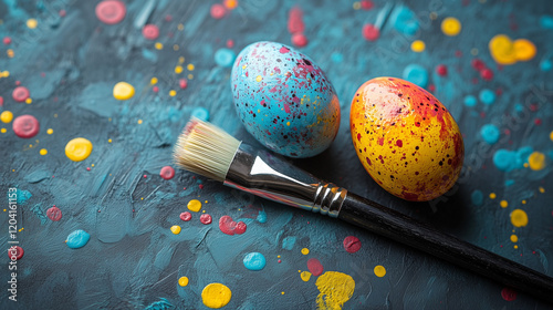 Colorfully painted easter eggs and brush on artistic background photo