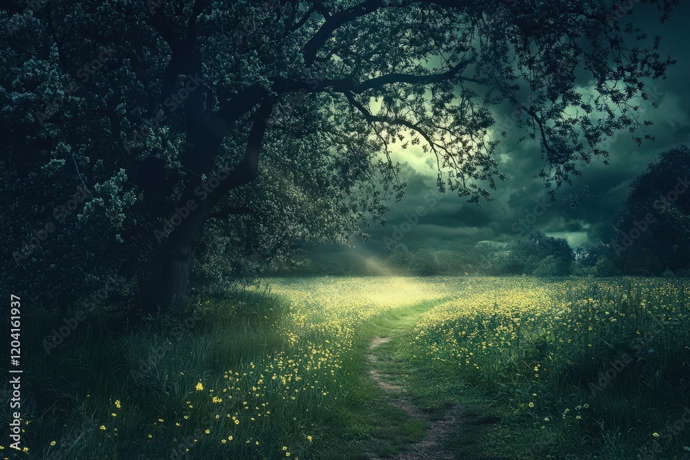 Serene Path Through A Dark Green Flower Field Serene Path Through A Dark Green Flower Field