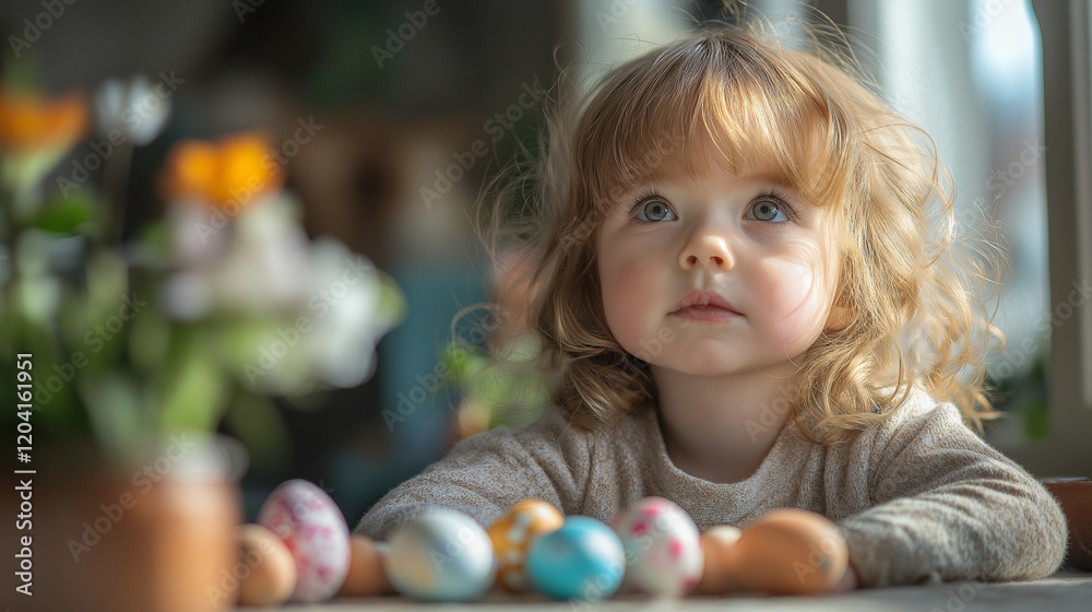 Obraz premium Curly-haired caucasian child with easter eggs in a sunlit room