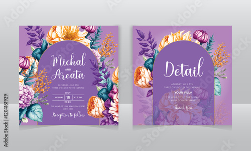 Watercolor wedding invitation square post backgrounds with watercolor leaves and flowers. Frame with Fall floral elements. Vector template for card, banner, invitation, social media post, poster