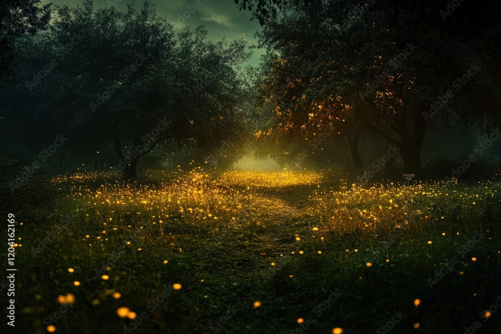 Fototapeta premium Enchanting Firefly Lit Path Through A Dark Forest