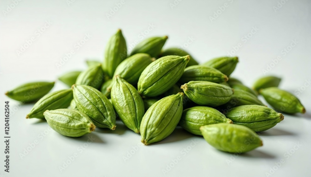 Photorealistic rendering of vibrant green pumpkin seeds against a clean background Photorealistic rendering of vibrant green pumpkin seeds against a clean background
