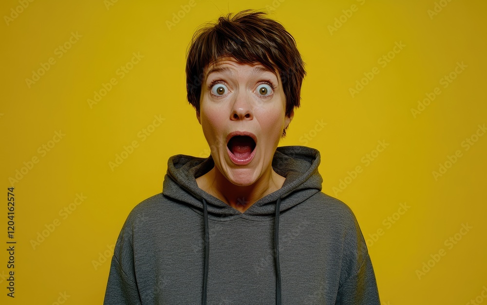 A woman in her thirties with short brown hair wearing an oversized hoodie, looking surprised and shocked against a vibrant yellow background. A woman in her thirties with short brown hair wearing an oversized hoodie, looking surprised and shocked against a vibrant yellow background.