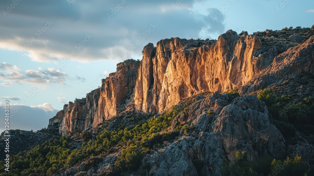 Majestic Rocky Cliffs Illuminated by Golden Sunset Light Majestic Rocky Cliffs Illuminated by Golden Sunset Light