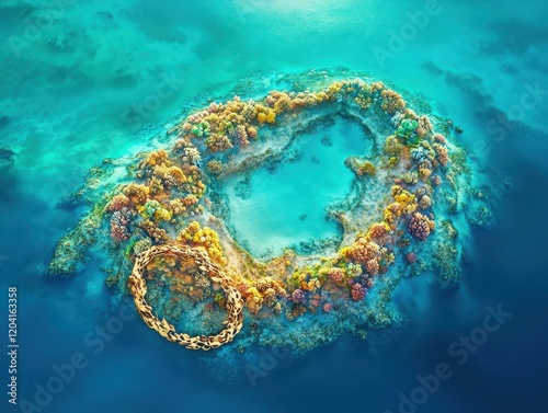 Aerial View of Vibrant Coral Reef Surrounded by Clear Blue Water