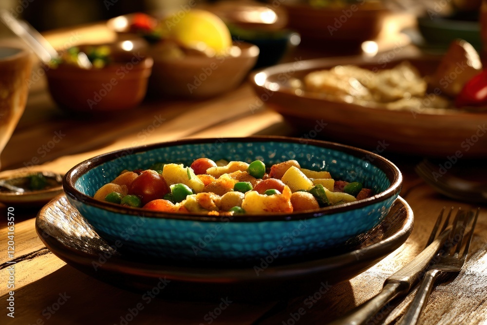 Vibrant and Colorful Vegetable Medley in a Blue Bowl on a Rustic Wooden Table Surrounded by Plates and Ingredients for a Cozy Dining Atmosphere Vibrant and Colorful Vegetable Medley in a Blue Bowl on a Rustic Wooden Table Surrounded by Plates and Ingredients for a Cozy Dining Atmosphere