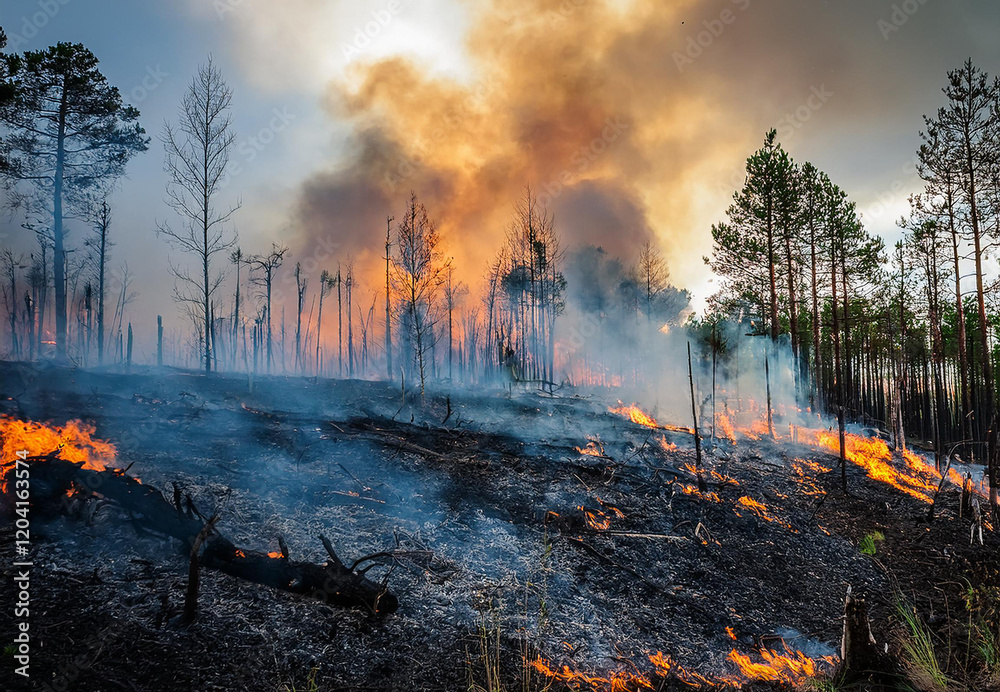 Fototapeta premium Burning remains after a forest fire, destroyed trees and nature