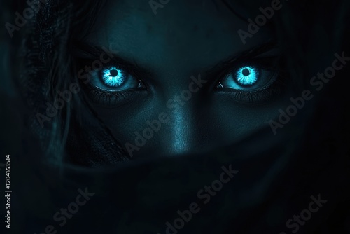 Mysterious Woman With Glowing Blue Eyes Gazing Intensely photo