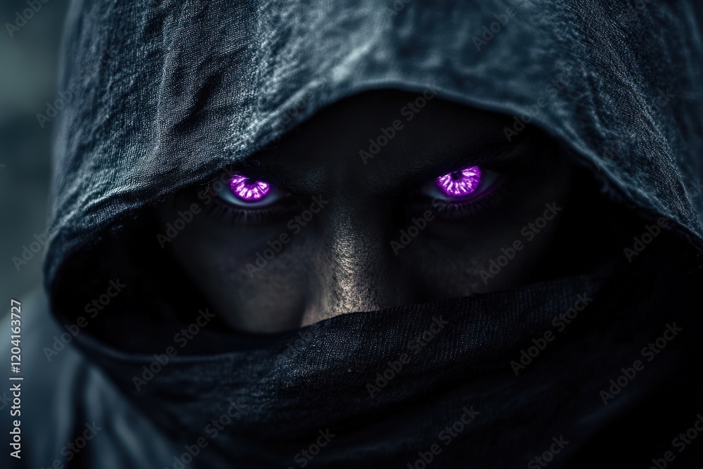 Naklejka premium Hooded Figure With Glowing Purple Eyes Gazing Intensely
