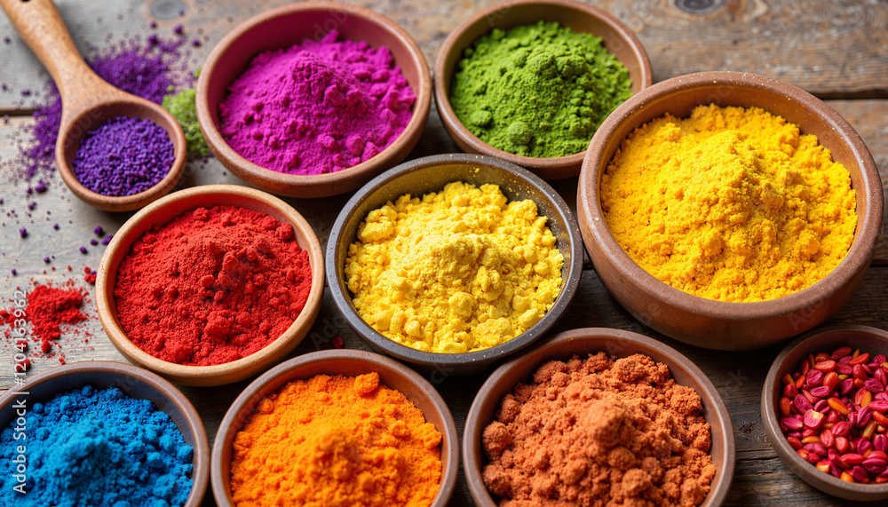 Colorful powdered spices in bowls on wooden surface Colorful powdered spices in bowls on wooden surface