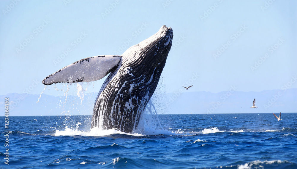 Fototapeta premium Humpback whale breaching in sunny ocean waters