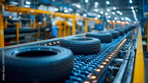 Automated factory conveyor with tires in industrial production line at night