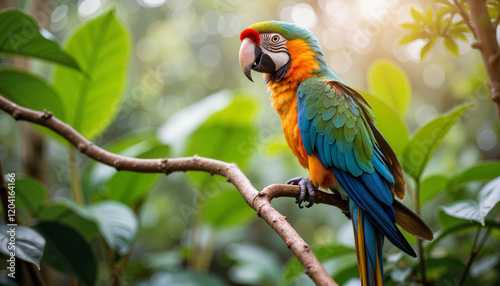Colorful parrot perched on branch in lush green rainforest