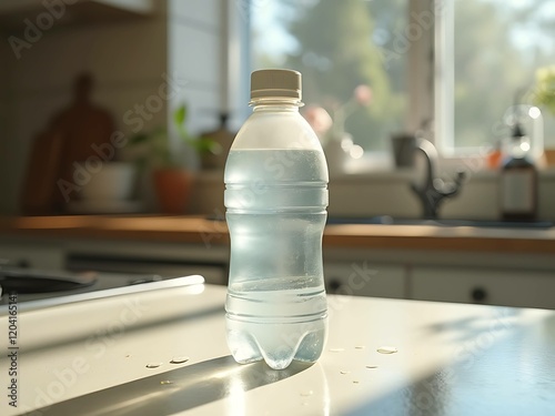 Water bottle in a blurred kitchen setting. 