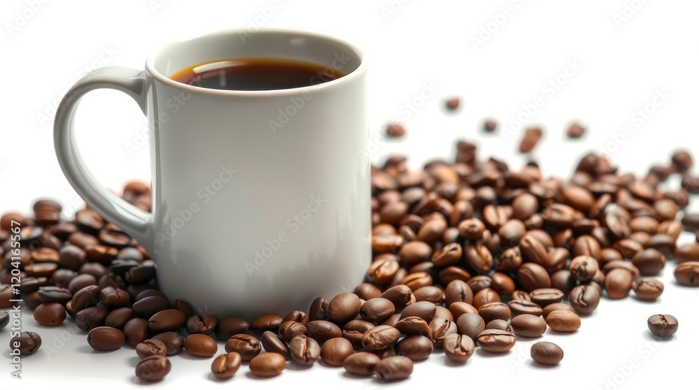 coffee mug and coffee beans, isolated on a white background, photographed in a modern, futuristic style with an amazing lens glow coffee mug and coffee beans, isolated on a white background, photographed in a modern, futuristic style with an amazing lens glow