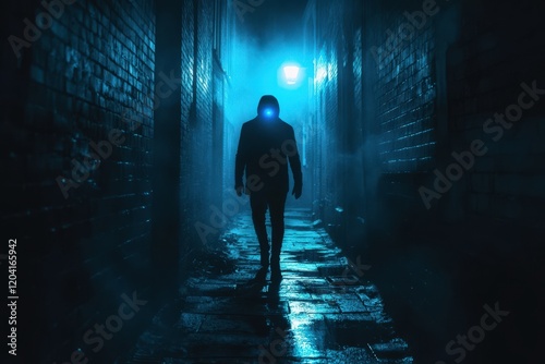 Hooded Figure Walking Down A Dark Brick Alleyway photo