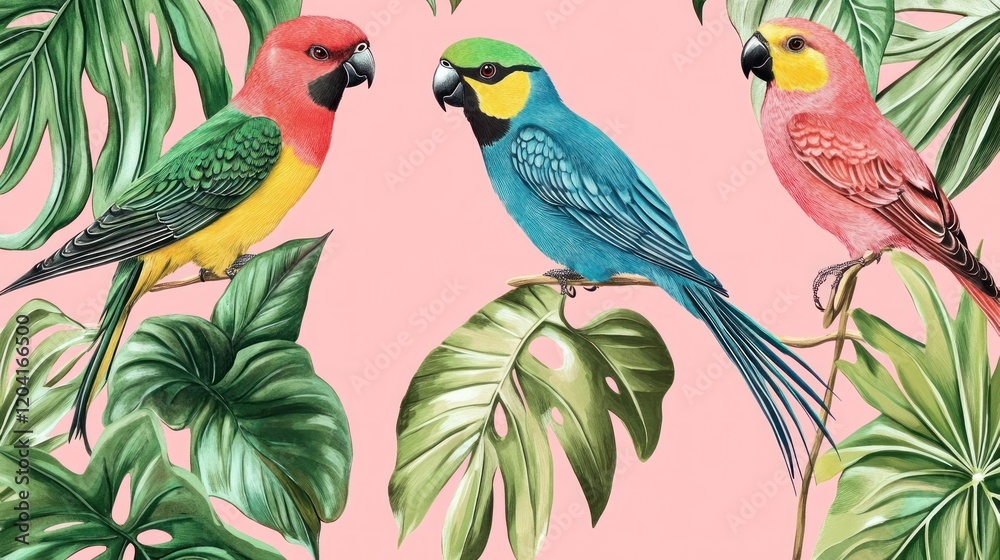 Fototapeta premium Three vibrant parrots perched on tropical leaves against a pink background.