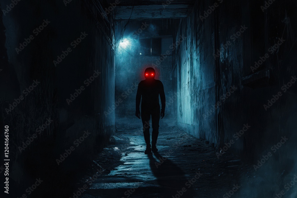 Shadowy Figure Walks Dark Alleyway With Glowing Red Eyes Shadowy Figure Walks Dark Alleyway With Glowing Red Eyes