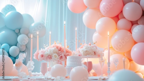 Elegant pastel party table setting with balloons, flowers and candles arrangement
