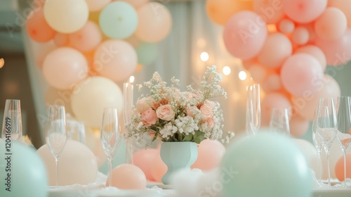Elegant table setting with soft pastel balloons and floral centerpiece for a celebration