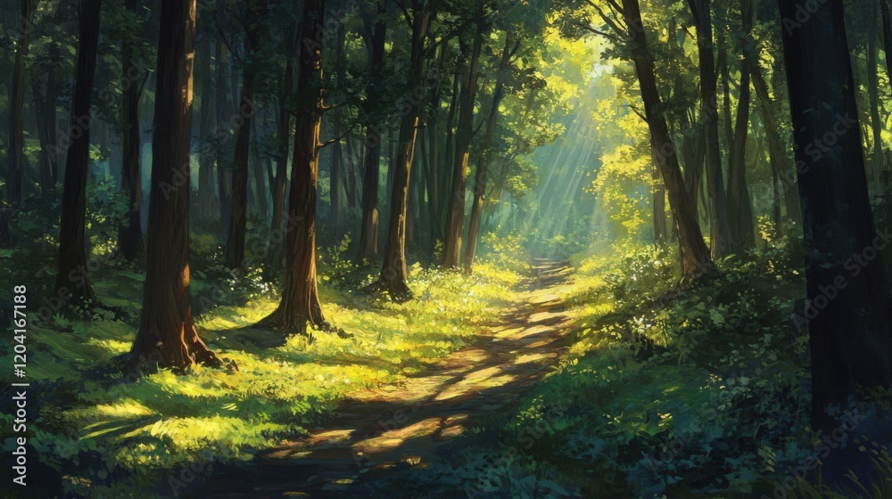 Fototapeta premium Serene sunlit forest path with tall trees
