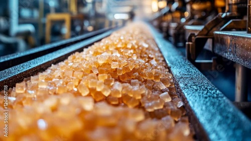 Wallpaper Mural Closeup of amber crystals moving on industrial conveyor belt in factory setting Torontodigital.ca