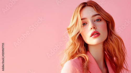 Young woman with flowing hair poses against a vibrant pink backdrop during a fashion shoot in soft lighting