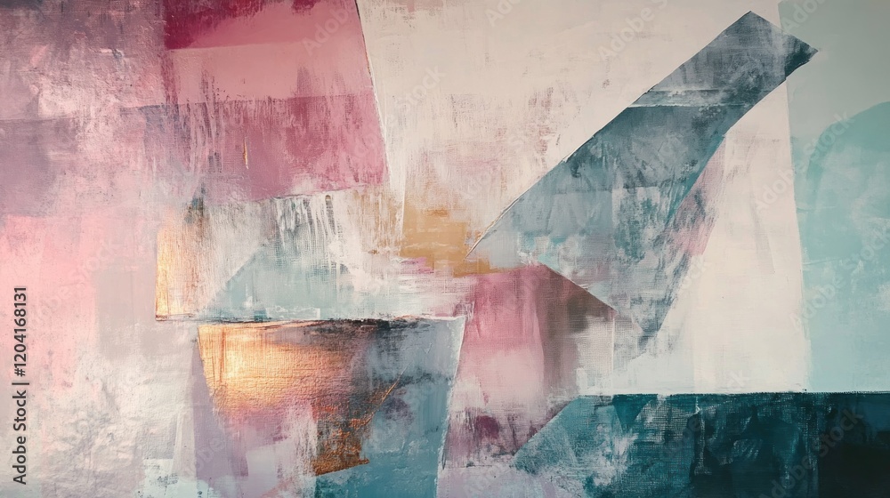 Fototapeta premium Abstract painting with geometric shapes in shades of pink white gold and teal colors