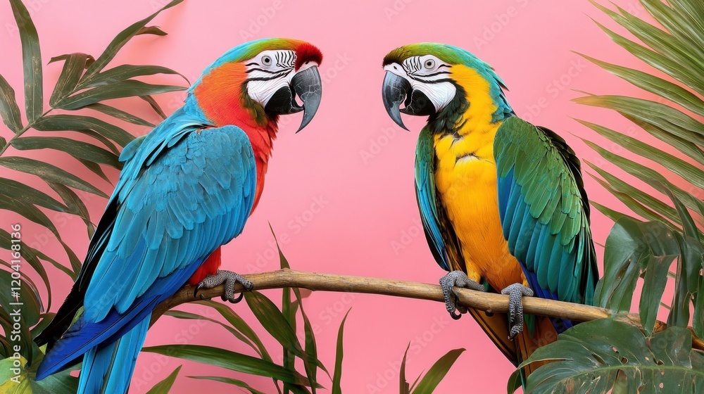 Obraz premium Two colorful macaws perched on a branch against a pink background with tropical leaves.