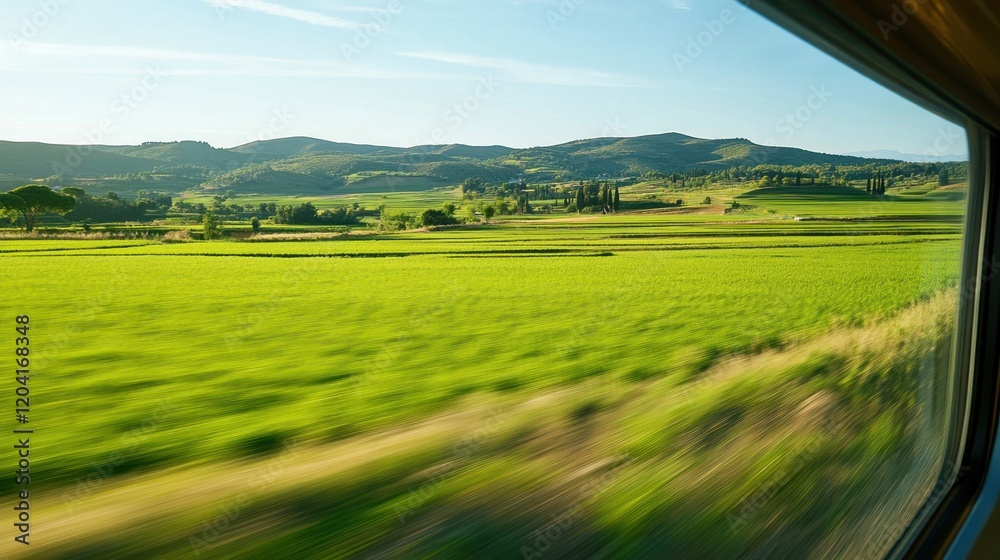 Obraz premium Blurred green fields viewed from a train window.