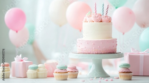 Delicate birthday treats and gifts with pastel balloons in soft focus