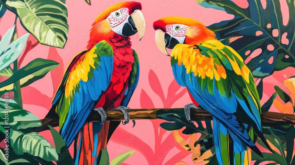 Fototapeta premium Two vibrant macaws perched on a branch amidst lush tropical foliage.